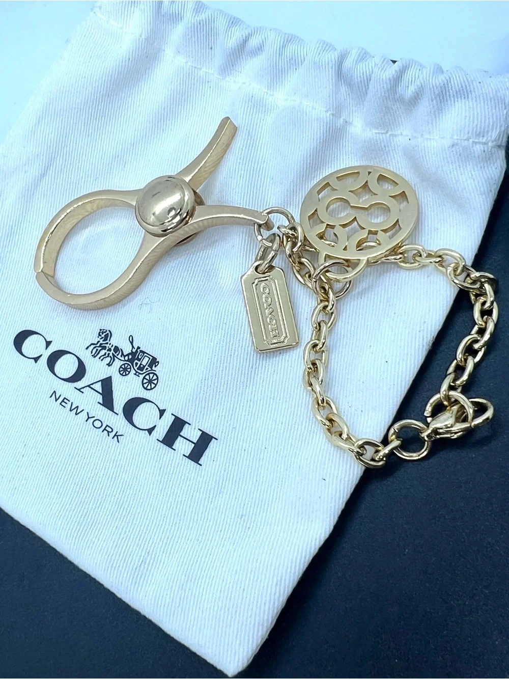 Coach Gold Signature C Glove Holder Key Ring Bag Charm Chain Clip & Dust Bag